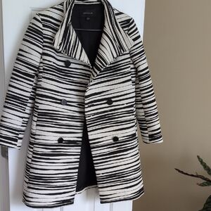 Ann Taylor Black & White Striped Double-Breasted Pea Coat